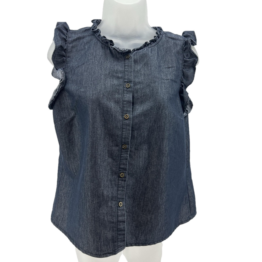 Cirana Dark Chambray denim look ruffle neck blouse